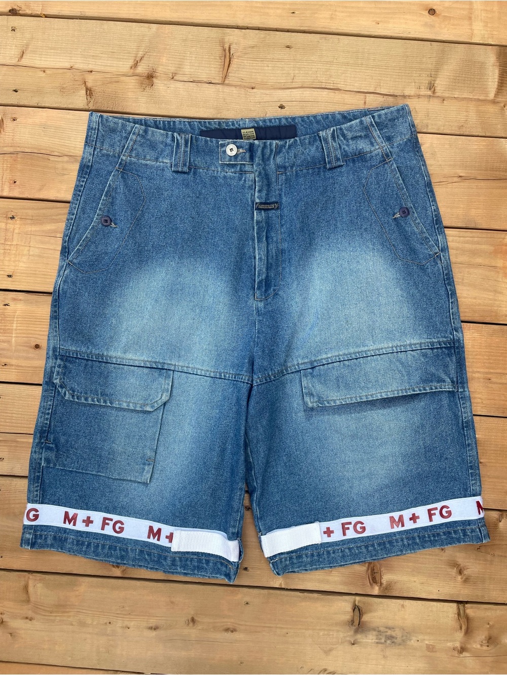 Y2K Marithe Francois Girbaud Mid Blue Denim Cargo Shorts with Branded Hem Tape